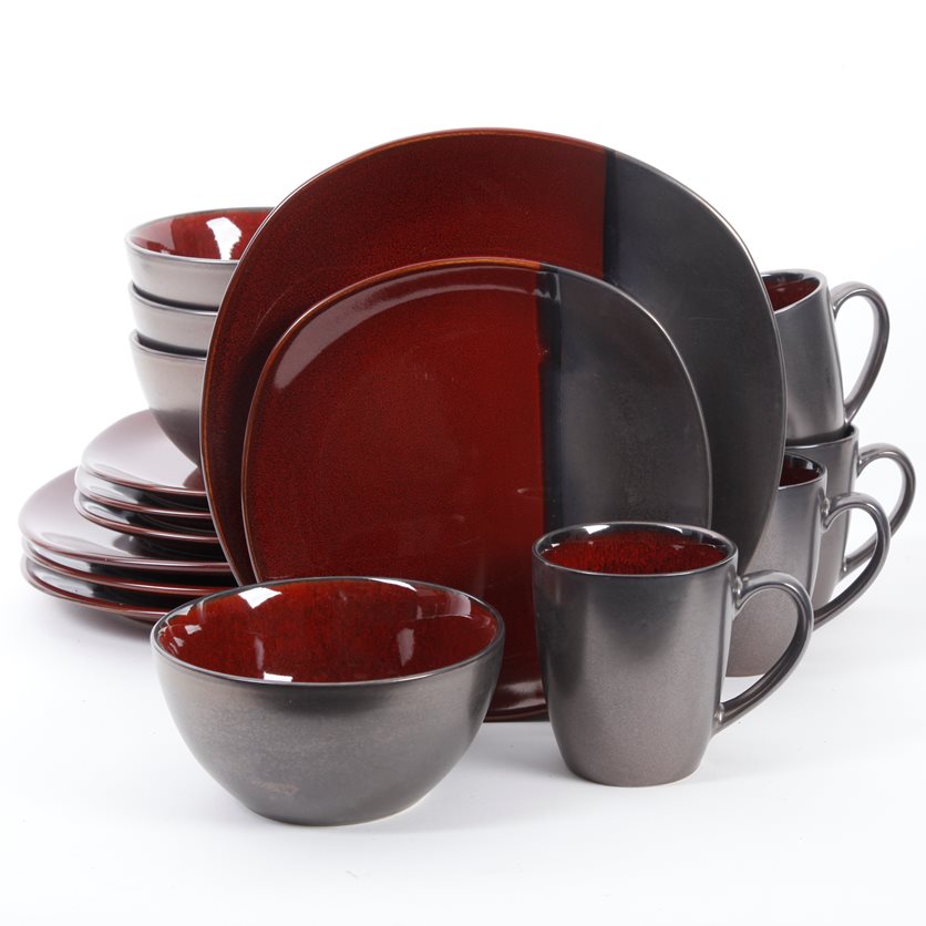 Volterra 16 pc Dinnerware Set - Red - Soft Square - Metallic Reactive - Stoneware