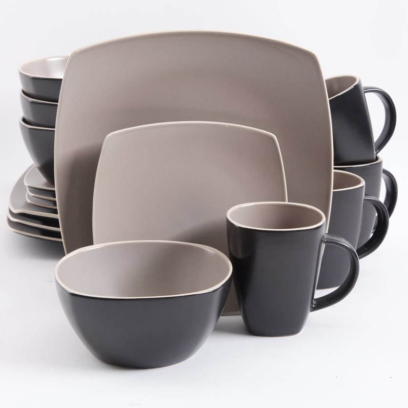 Soho Lounge Matte 16 pc Dinnerware Set - Taupe/Black - Soft Square - Stoneware