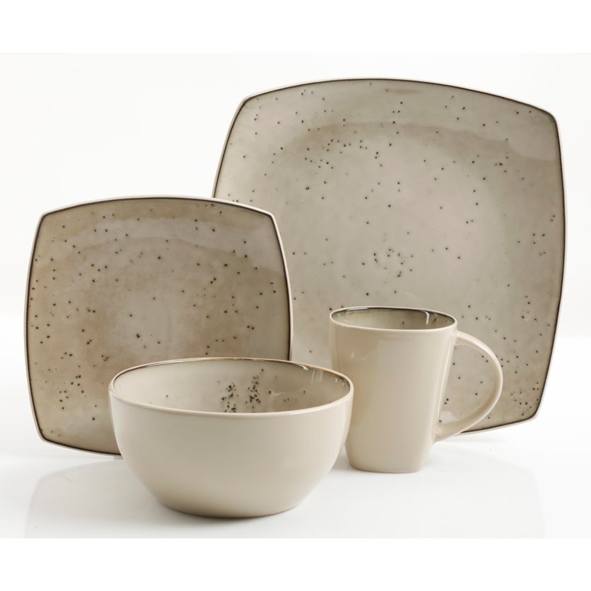 Soho Lounge 16 pc Dinnerware Set - Light Taupe - Soft Square - Reactive - Stoneware