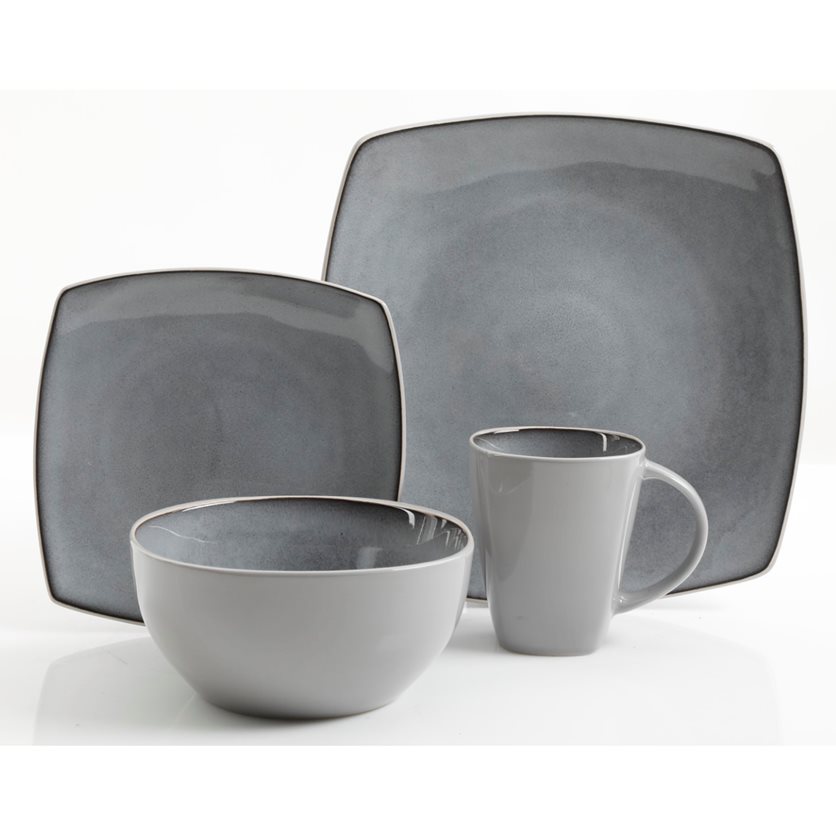 Soho Lounge 16 pc Dinnerware Set - Light Grey - Soft Square - Reactive - Stoneware