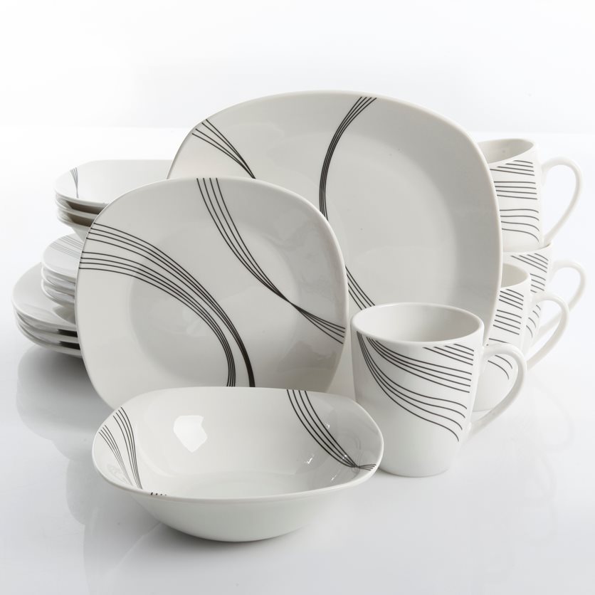 Curvation 16 pc Dinnerware Set - White - Soft Square - Decorated - Fine Ceramic