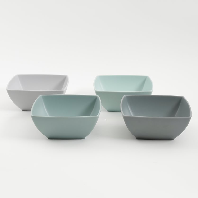 Grayson 4 pc 6 Bowls Set - Square - 4 Assorted Colors - Mint/Charcoal/Silver/Moss Green - Solid Color - Matte Finish - Melamine