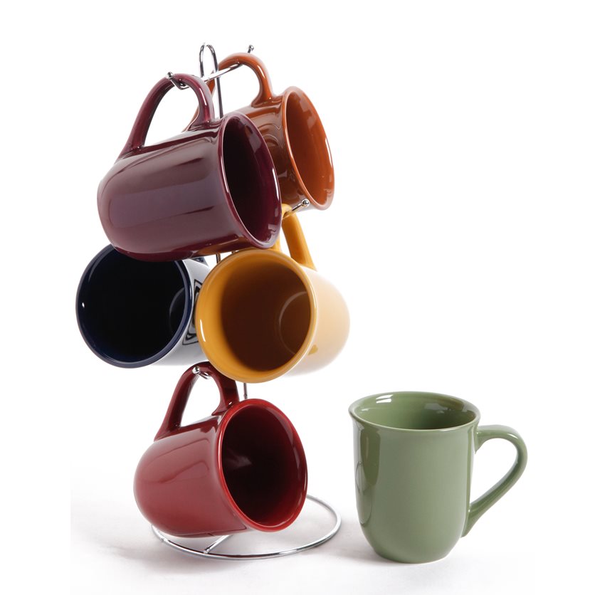 Café Amaretto 6 pc 13.4 oz Mugs Set W/Metal Stand - 6 Assorted Colors - Solid Color - Stoneware