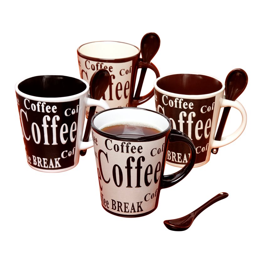 Bareggio 4 pc 13 oz Coffee Mugs Set W/Matching Spoons - 4 Assorted Designs - Wax Relief - Reactive - Stoneware