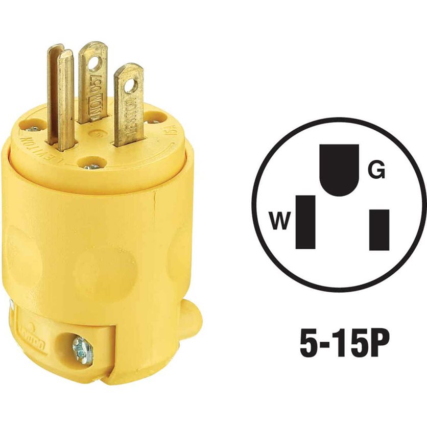 15A 125V 3-Wire 2-Pole Residential Grade Cord Plug - Yellow