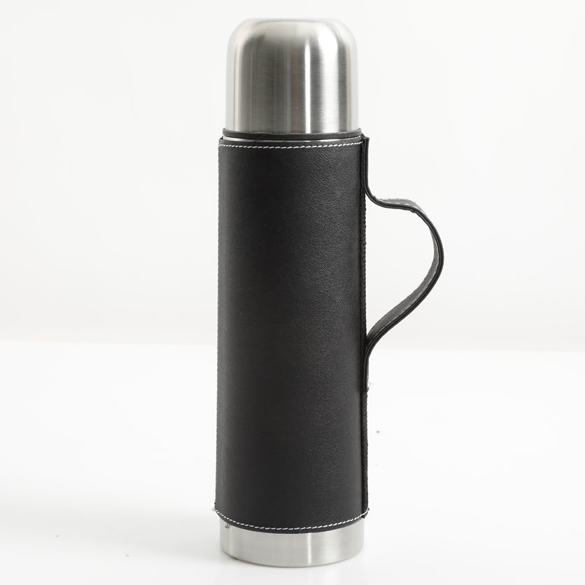 Leatherette 23 oz Thermal Bottle w/Lid & PU Handle - Double Wall - Black - SS