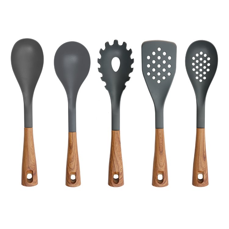 Everwood Kitchen 5 pc Nylon Tools Set - Wood Look TPR Handle - Grey Color Nylon Head