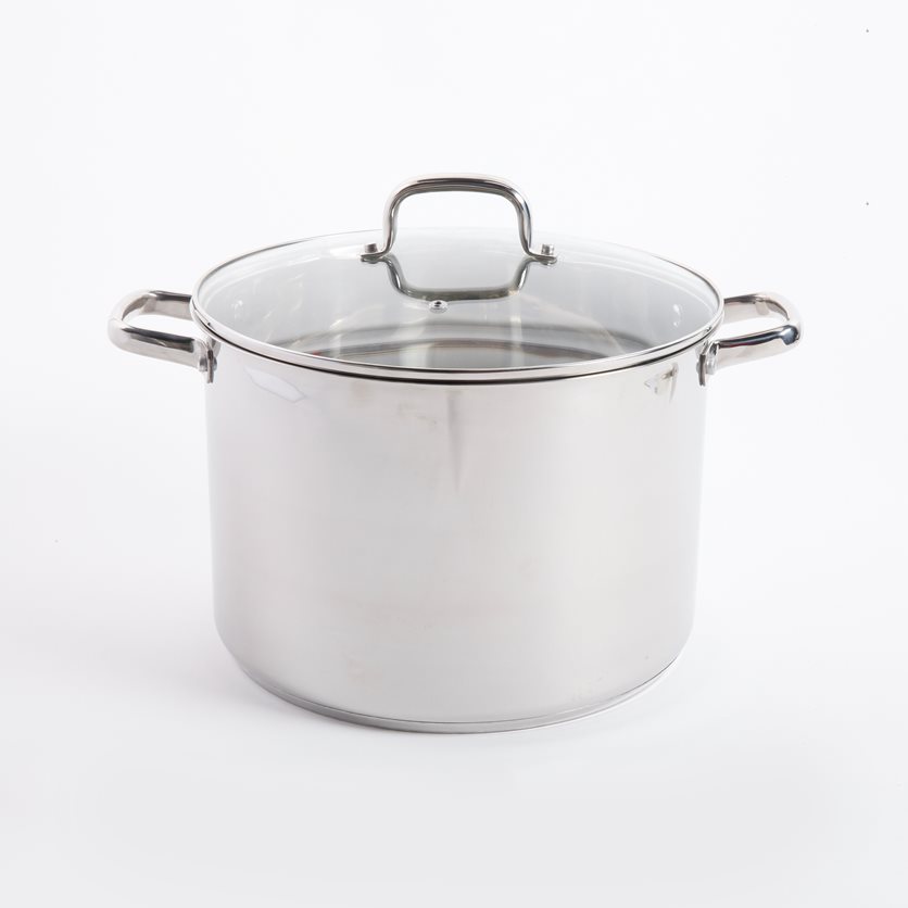 Adenmore 8 Qt Stainless Steel Stock Pot with Tempered Glass Lid - Brushed Stainless Steel - 0.5 mm