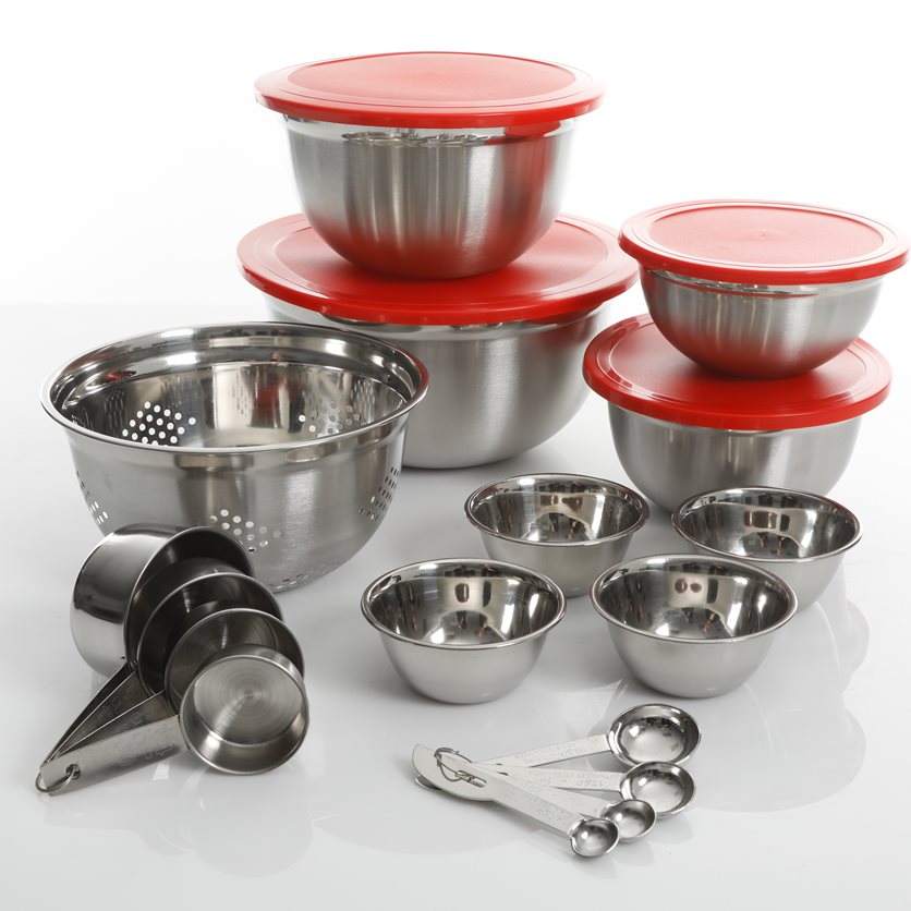 Branfield 21 pc SS Kitchen Prep Set W/Measuring Accessories - Mirror Polish - Red PP Lid - SS - 0.4 mm