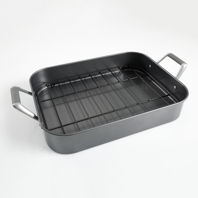 Greyfield 16 X 12 X 3 Cast AL Roaster w/Wired Rack - Rect. - Charcoal Grey - Non-stick Steel - Cast Aluminum Handle - 0.6 mm