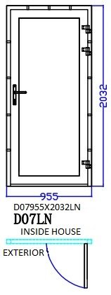 Aluminum Single (Hinged) Door, White, D07LN, Left, 955x2032mm