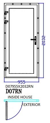 Aluminum Single (Hinged) Door, White, D07RN, Right, 955x2032mm