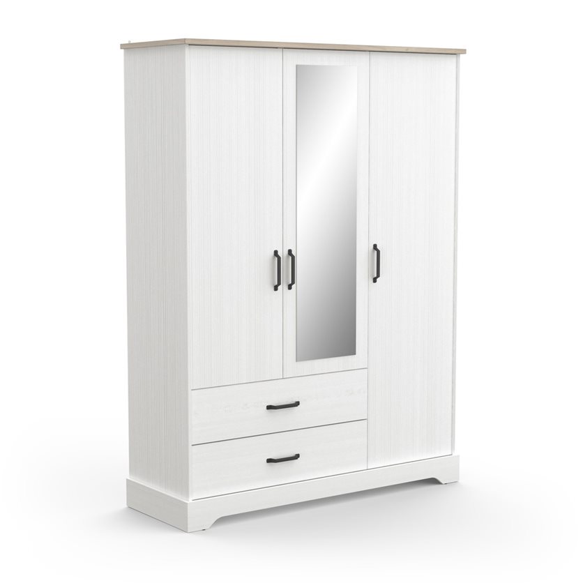 Cottage White 3-Door Wardrobe With Mirror And Drawers