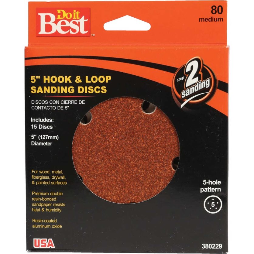 5 In. 80-Grit 5-Hole Pattern Vented Sanding Disc with Hook & Loop Backing (15-Pack)