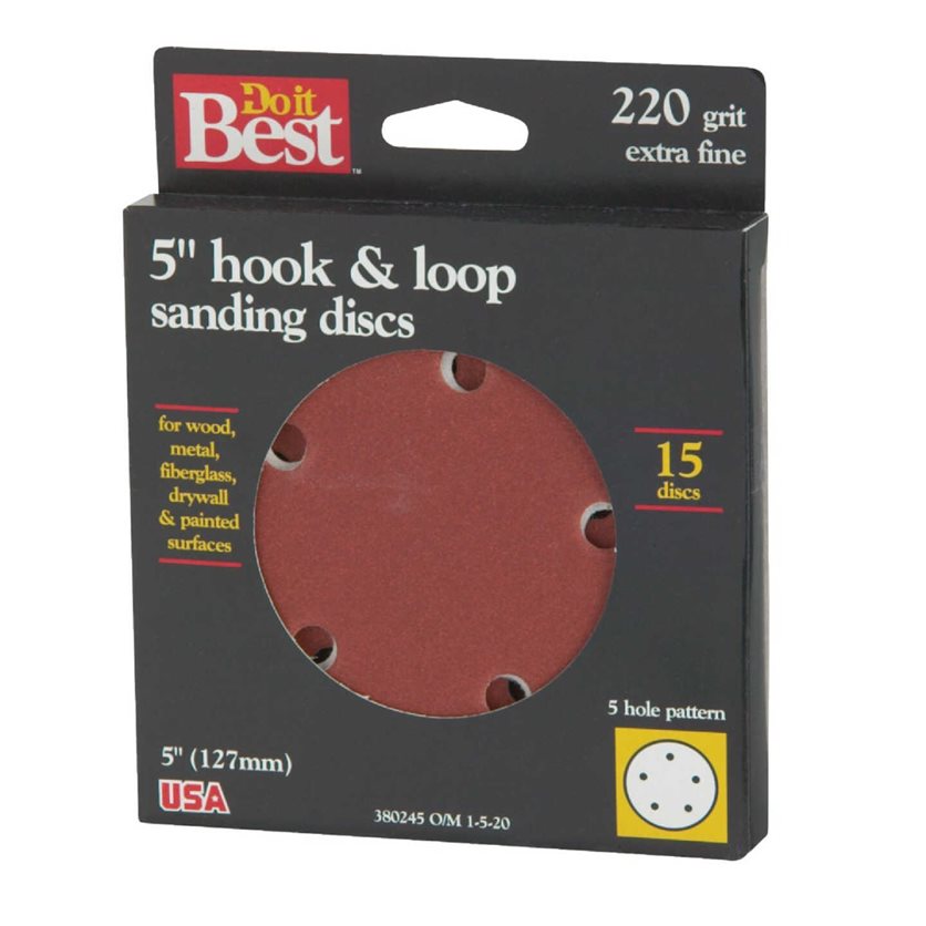 5 In. 220-Grit 5-Hole Pattern Vented Sanding Disc with Hook & Loop Backing (15-Pack)